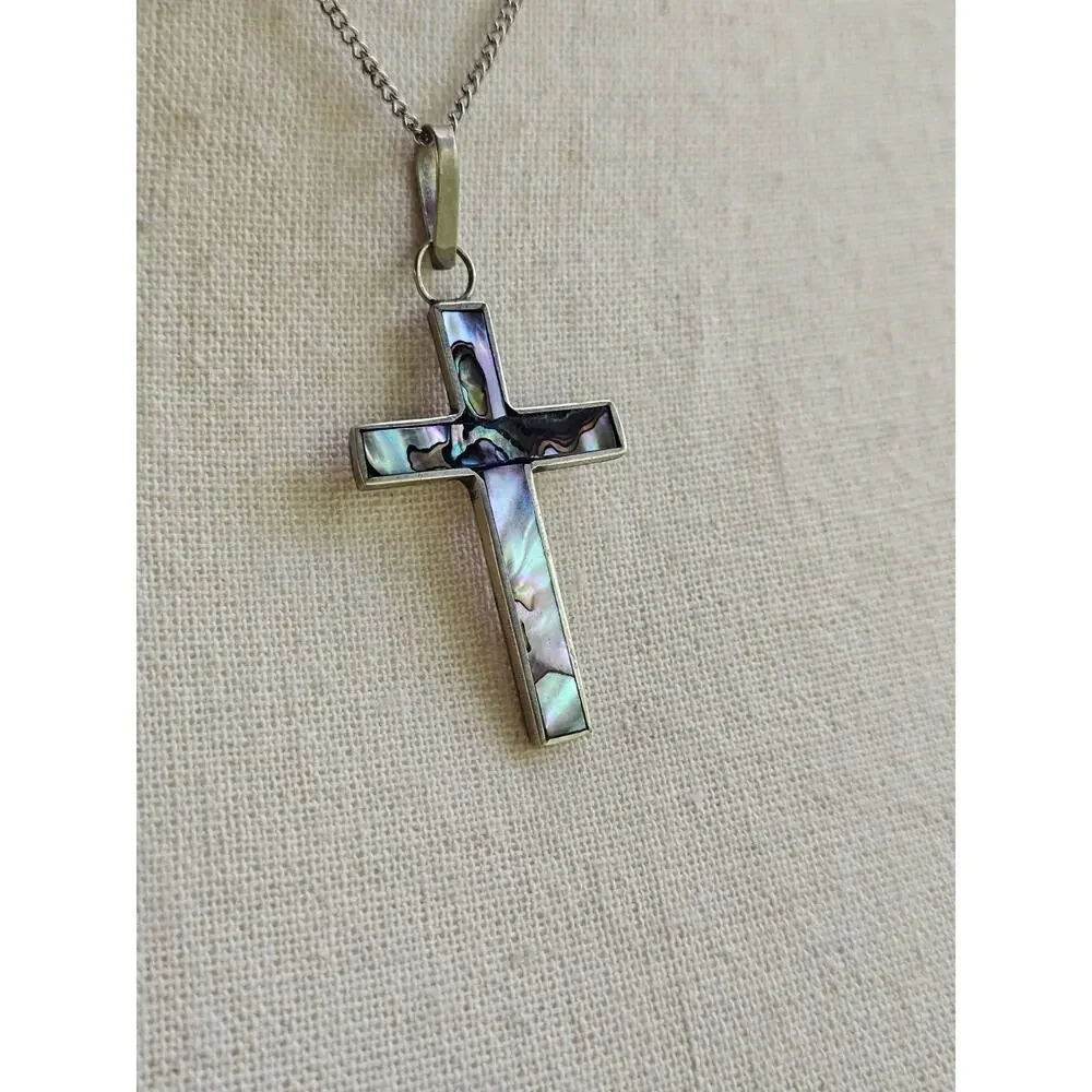 Vintage Cross Pendant Abalone Shell Inlay Mexico Southwestern Boho Festival - Picture 7 of 9